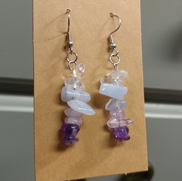 Amethyst Quartz Crystal Blue Lace Agate Earrings Natural Gemstone Chip Beaded - Picture 7 of 10